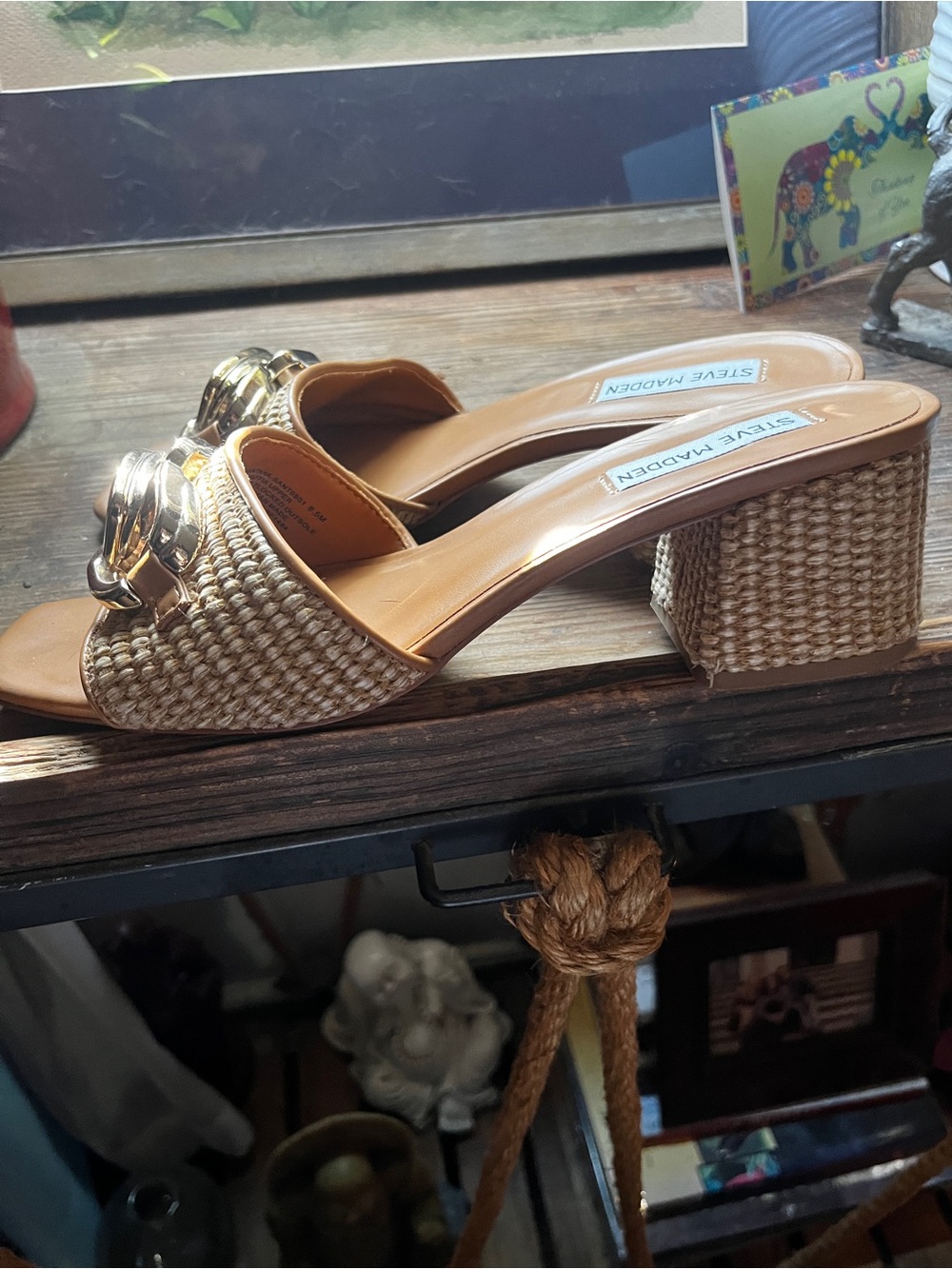 Steve Madden Tan Woven Block Heel Mules with Gold Accent